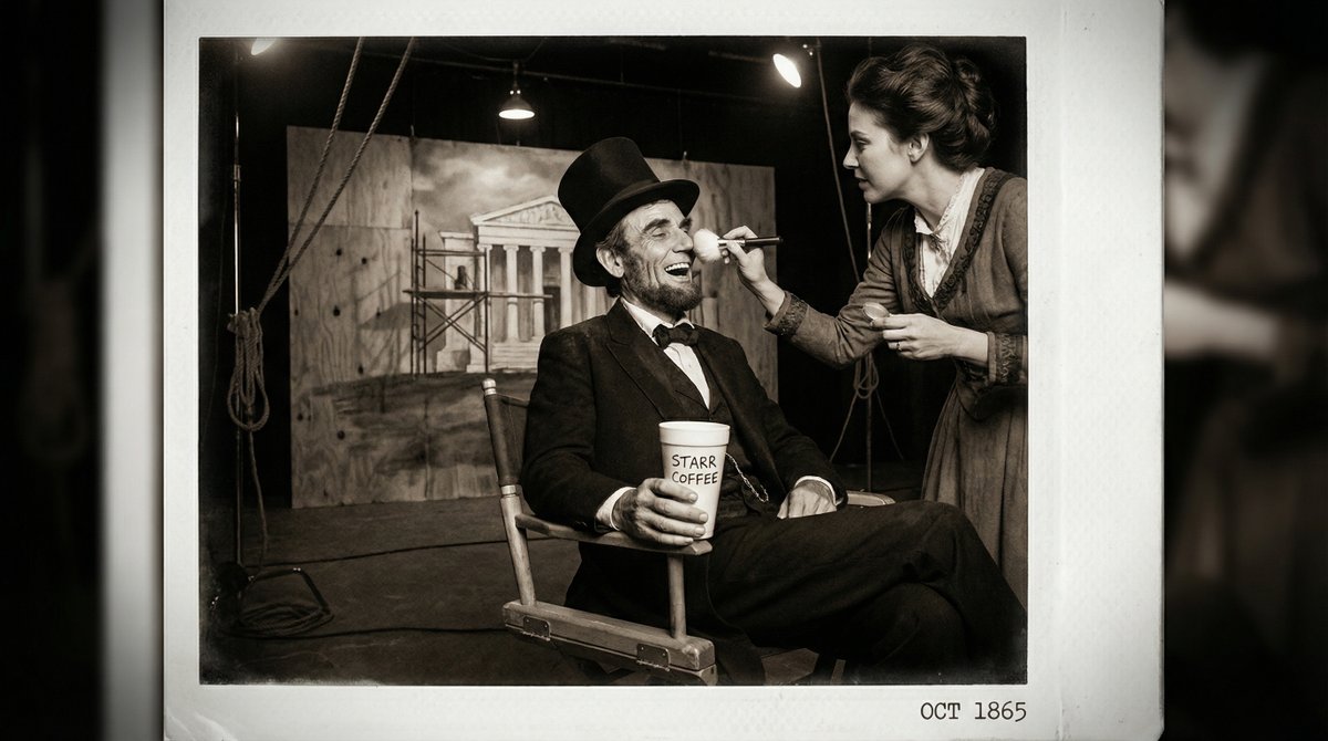 A candid backstage polaroid-style photo set in 1865 featuring Abraham Lincoln laughing in a director’s chair with modern props and an obvious plywood backdrop, lit with harsh flash. Designed to emphasize deliberate historical inconsistencies and broken cinematic illusion.