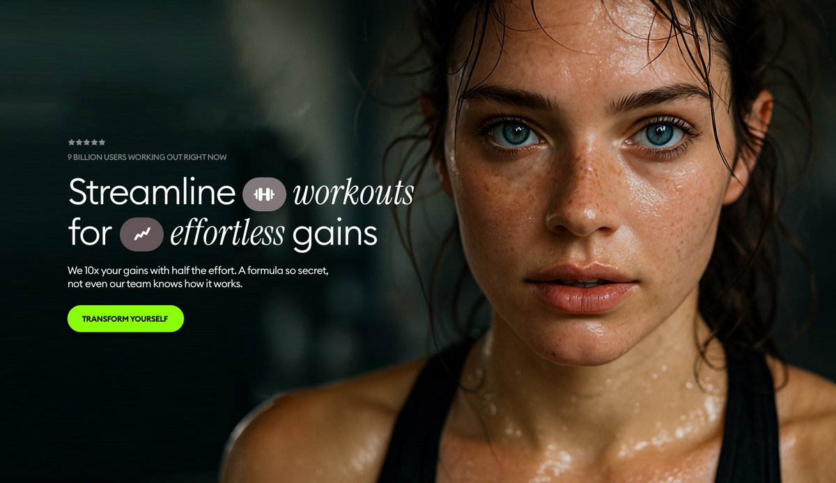 Create an editorial-style close-up portrait of a young woman right after a workout, featuring visible sweat, deep blue eyes, freckles, and messy hair. A softly blurred gym background appears on the left side in a 5:3 composition for a modern branding landing page.