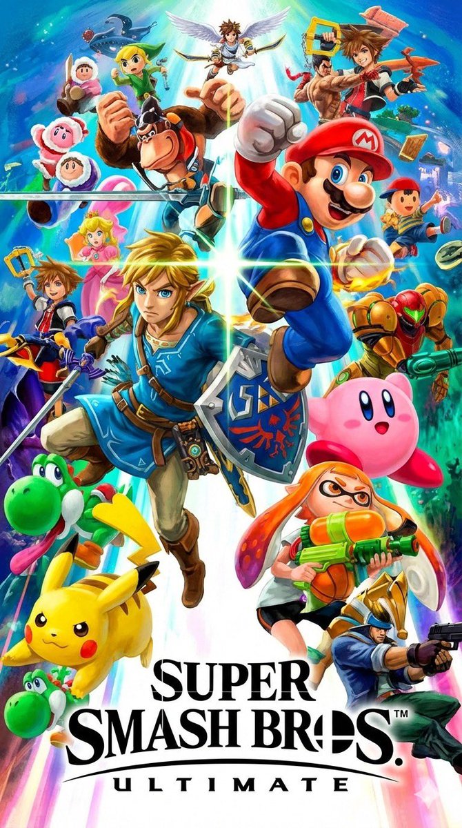 Create a full cast “family portrait” style poster inspired by Super Smash Bros., keeping the visual style consistent with the game. Designed in a vertical 9:16 layout at 2K resolution.