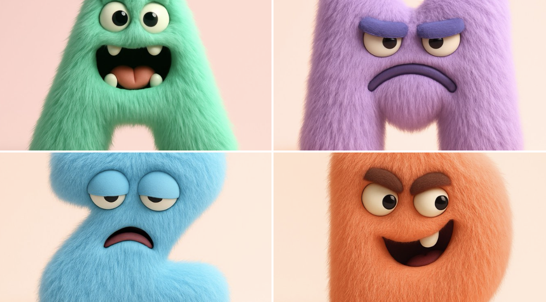 Create a highly realistic 3D alphabet letter rendered as a full-body fluffy monster with embedded facial features and a clear emotion. Bold solid colors, soft dense fur, and clean studio lighting on a simple pastel background keep the design minimalist and character-focused.