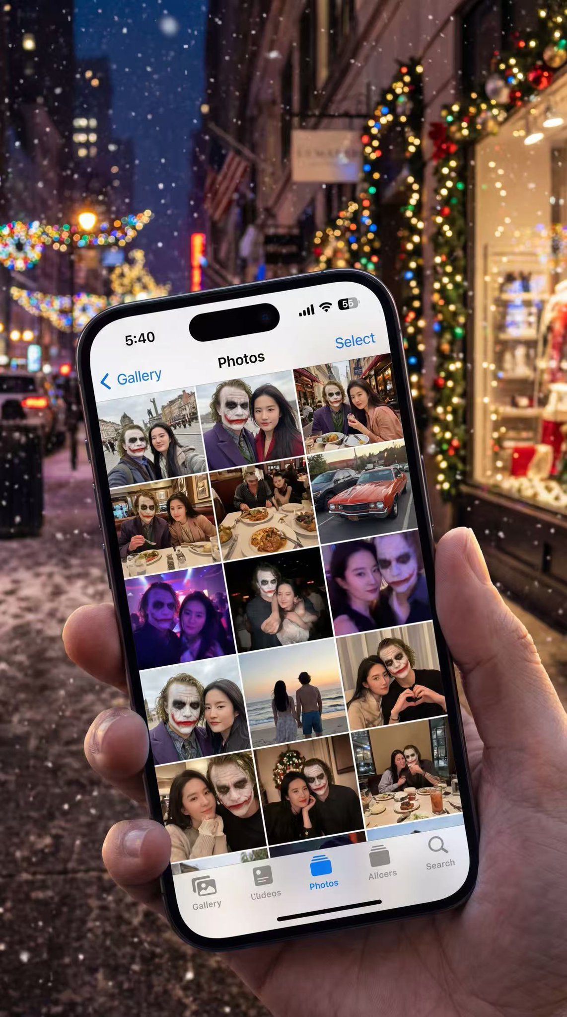 A hyper-realistic close-up photo of a hand holding an iPhone 15 Pro showing the iOS Photos app grid, filled with candid couple-life thumbnails. Set against a blurred, festive city night with Christmas lights and falling snow for a lively holiday outing atmosphere.