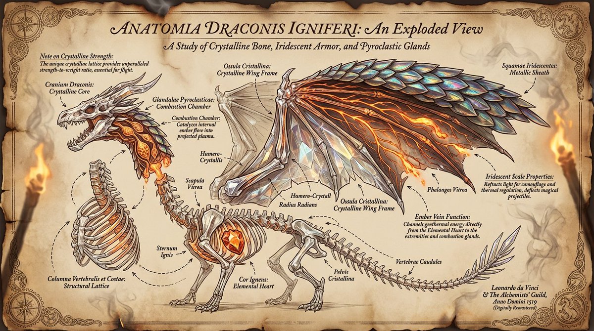 A high-resolution fantasy-realism exploded-view illustration of a dragon’s anatomy, with labeled components and connecting arrows on an ancient parchment backdrop. Detailed metallic iridescent scales, glowing ember veins, and crystalline bones are presented with elegant script annotations and warm torchlit shadows.