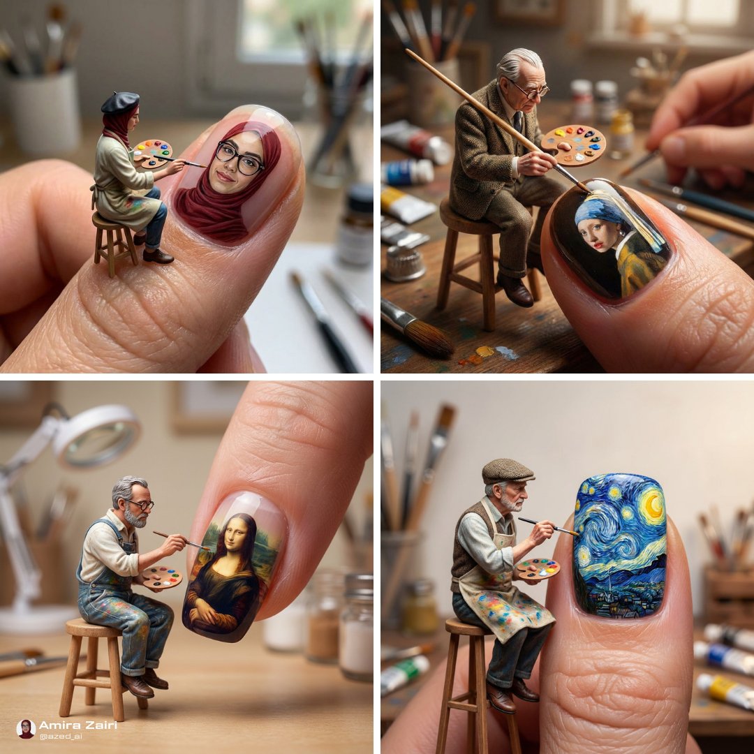 A hyper-realistic macro photo of a tiny painter on a stool meticulously painting {{SUBJECT}} onto a glossy human fingernail, with soft lighting and a shallow depth of field. The scene emphasizes intricate brushwork and a smooth, reflective nail surface.
