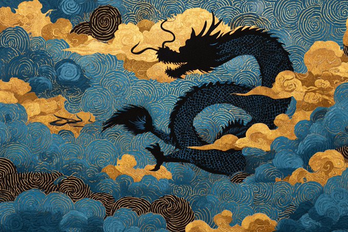 A Japanese Ukiyo-e shadow theater scene featuring elegant black silhouettes inspired by traditional woodblock prints, set against stylized waves and a landscape in two contrasting colors.