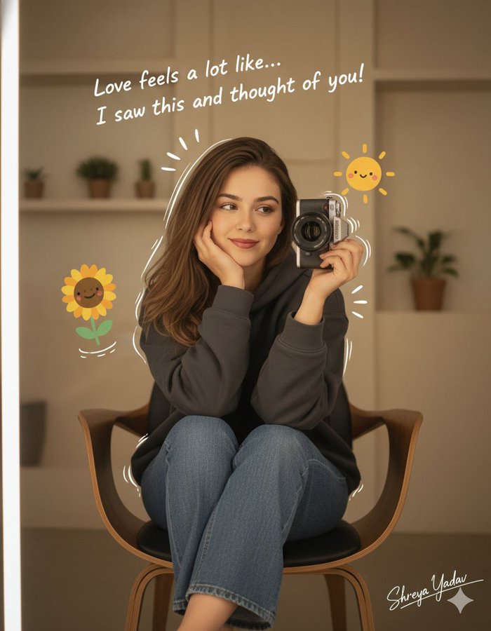 A warm, cozy mirror selfie portrait that blends ultra-detailed photography with cute cartoon sticker overlays and a handwritten romantic quote on a beige studio interior background.