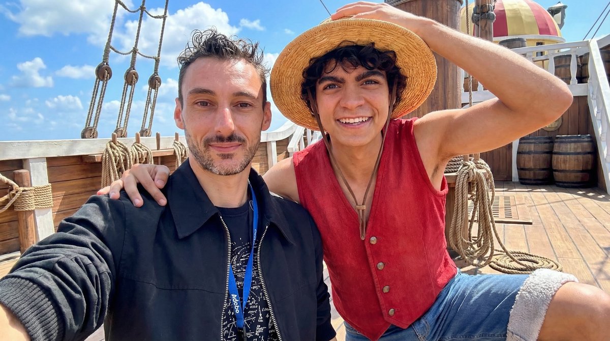 Create a selfie-style portrait with Monkey D. Luffy standing next to the man, smiling widely with his straw hat tilted, set on the Thousand Sunny deck under a bright blue sky.