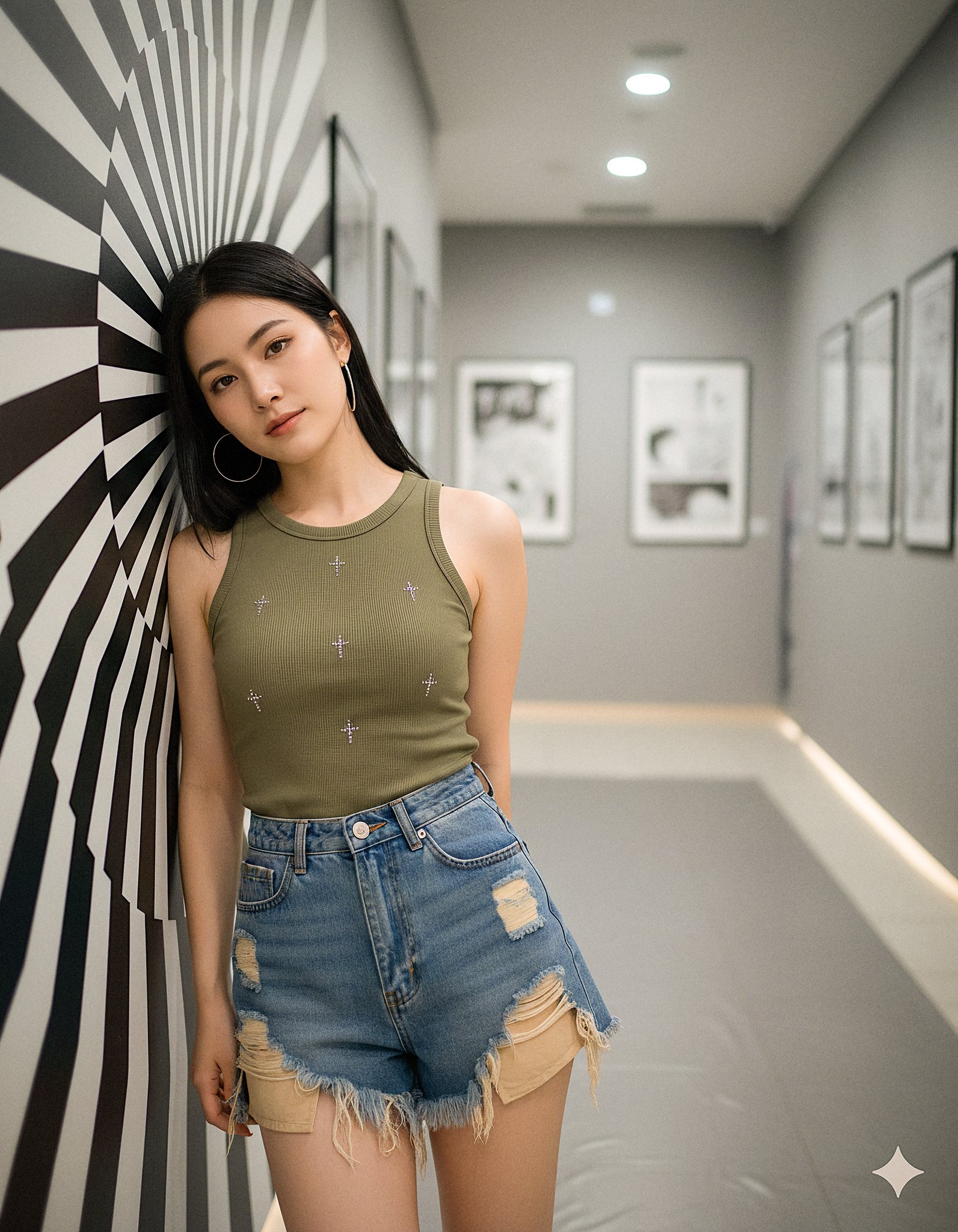 A cool, composed three-quarter-length portrait of a young woman leaning against a black-and-white optical swirl mural in a modern gallery hallway, with monochrome manga panels visible on the opposite wall. Photoreal lighting and post-processing are specified for controlled skin tones, crisp fabric texture, and subtle background separation.