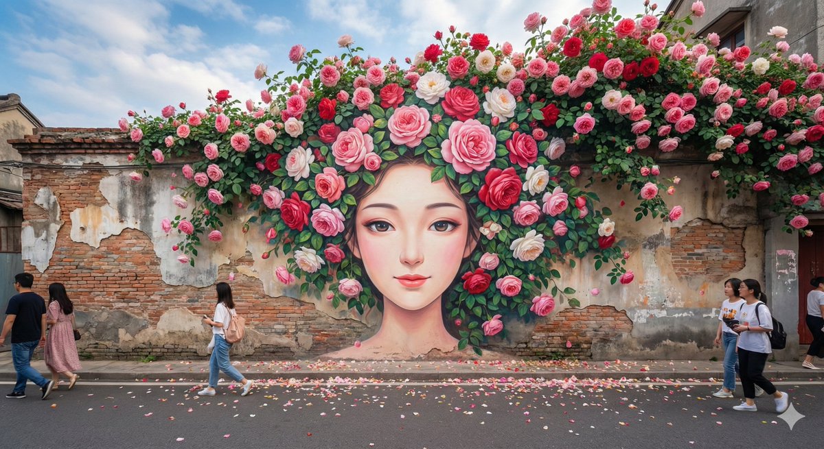 An ultra-high-definition, photography-textured street mural in a strong Chinese style, featuring a serene cartoon woman’s frontal close-up with cascading roses that merge into her hair. A bright sky, realistic asphalt street, scattered petals, and strolling pedestrians create a dreamy yet lifelike streetscape.
