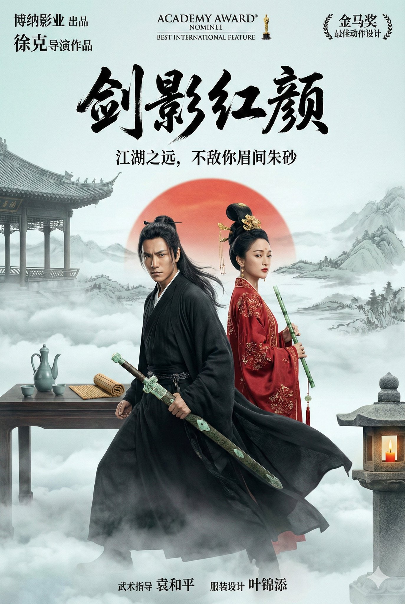 A fictional Oriental wuxia epic film poster set in a cloud-wreathed mountaintop pavilion, featuring two costumed leads, ink-wash landscapes, and dramatic typographic award-style layout. Soft natural light, mist, and a jade-and-crimson palette create an ethereal yet tragic romance.