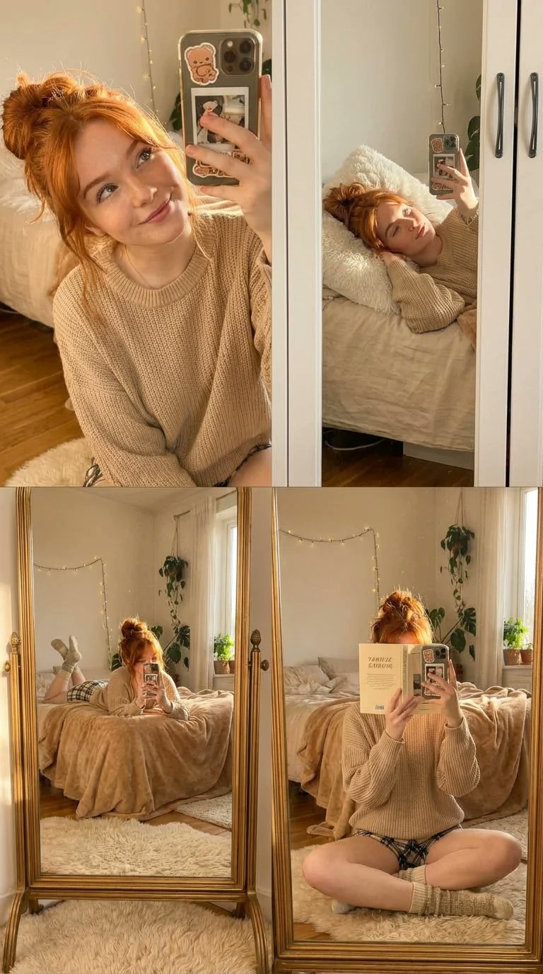 Create a cohesive 2x2 four-panel photo collage of the same young woman capturing intimate mirror selfies in a sunlit bedroom, with perfectly consistent character details and soft morning light across all frames.