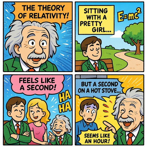 Create a colorful manga page that explains the theory of relativity with a light, humorous tone. Designed in a four-panel comic format for a clear, playful mini-story.