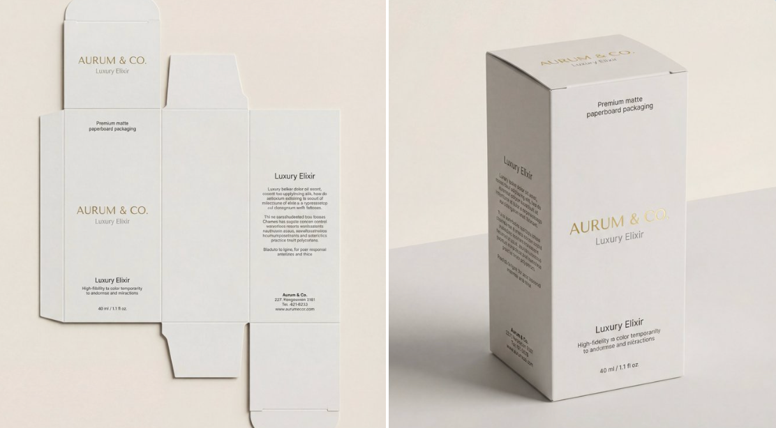 Create a photorealistic, high-end 3D product visualization of a perfectly assembled packaging box generated from a dieline, presented in a pristine minimalist studio with soft commercial lighting. Emphasize accurate folds, undistorted typography, and clean matte paperboard rendering.