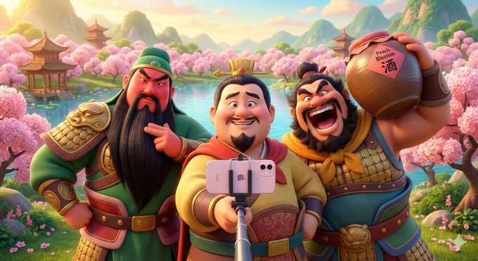 Create a bright, warm Pixar-like 3D animated scene where Liu Bei, Zhang Fei, and Guan Yu joyfully take a selfie together in a lively environment. Emphasize expressive faces, exaggerated poses, colorful cute outfits, and a cinematic background setting.