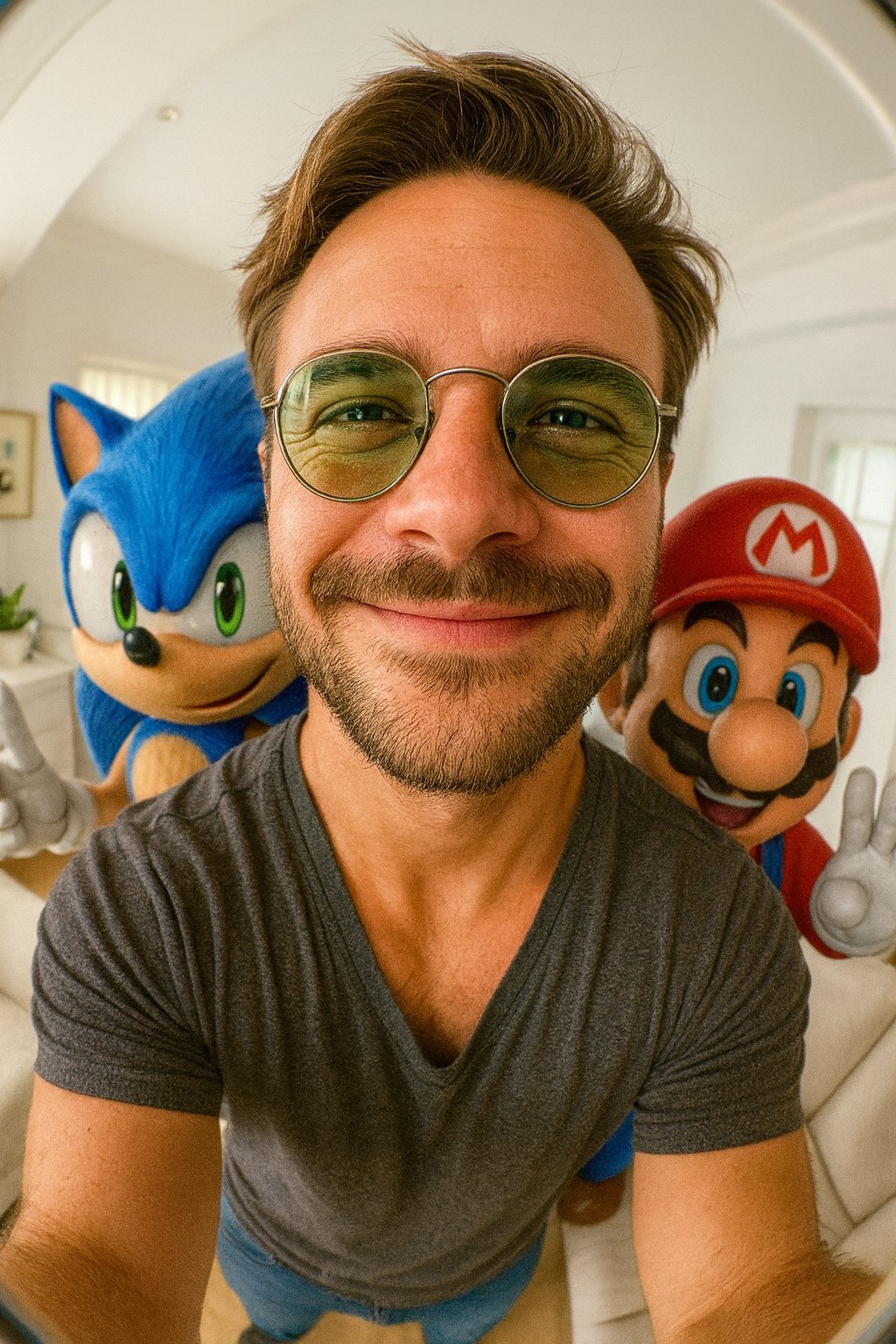 Create an ultra-realistic vertical 9:16 fisheye selfie of you with Sonic and Mario in a small, bright white living room. Features an elevated camera angle, extreme fisheye distortion, and cinematic, realistic lighting with anime characters blended into stylized realism.
