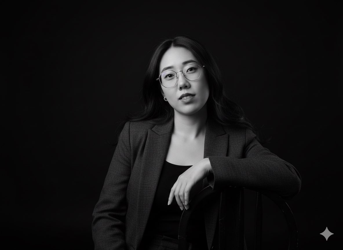 A hyper-realistic studio portrait of an elegant man leaning against a chair back, captured from a subtle low angle with a dramatic pure black background. Cinematic black-and-white grading and sharp 8K detail emphasize natural refined skin tone and the textures of clothing, hair, and eyes.