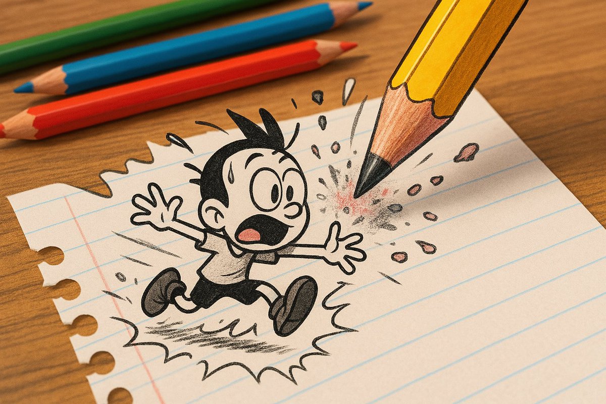 Create a lively paper-craft cartoon scene where a tiny character comes to life on a sheet of paper and races away from a giant pencil trying to erase them. Include a desk setting with colorful pencils and flying eraser bits to heighten the action.