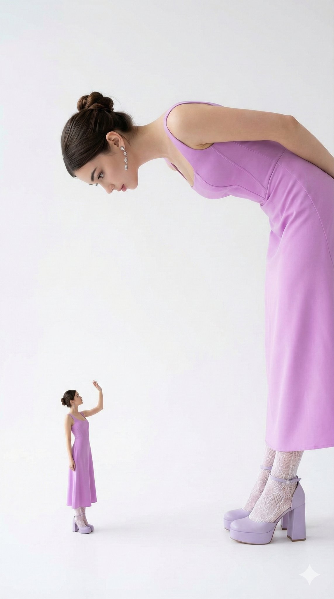 Ultra-realistic high-fashion studio portrait featuring two versions of the same woman in a bright lilac full-length dress, creating a playful yet elegant scale-contrast composition against a clean white backdrop.