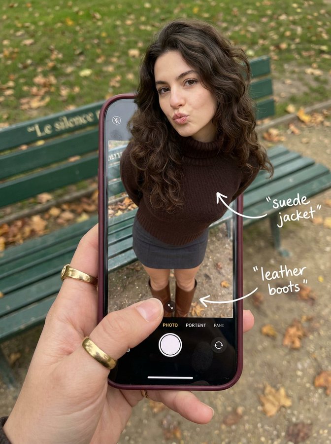 A hyper-realistic optical-illusion composite photo where a young Caucasian woman appears to emerge from an active iOS Camera app screen, with her boots captured inside the phone UI and her upper body extending into the real world in a Parisian autumn park setting.