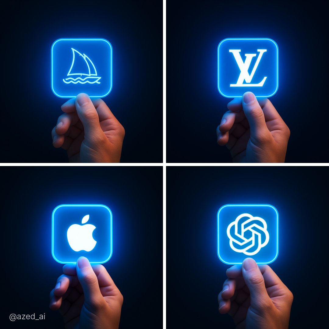 A cinematic close-up digital photo of a human hand holding a glowing neon blue square icon with a customizable logo, set against a smooth dark gradient background.