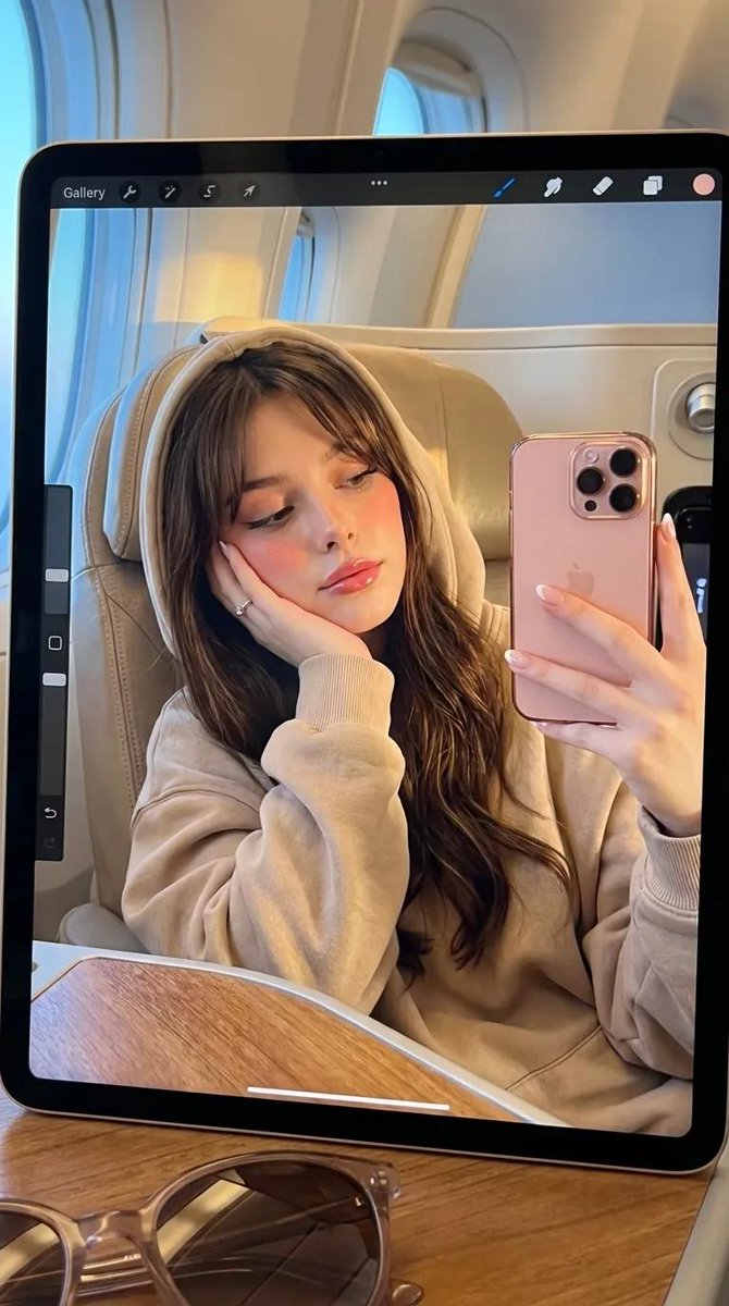 A highly realistic 9:16 portrait scene of a woman’s reflection captured on an iPad on an airplane tray table, styled with soft-warm pastel K-aesthetic glow. Includes business-class cabin details, sunglasses in the foreground, and the iPad camera UI visible on-screen.