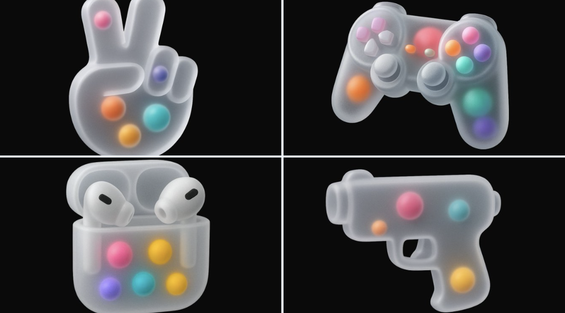Create a modern semi-transparent frosted bubble 3D icon of a PlayStation controller with floating colorful spheres visible inside. Render in high-contrast lighting on a pure black background with an isometric 3/4 view.