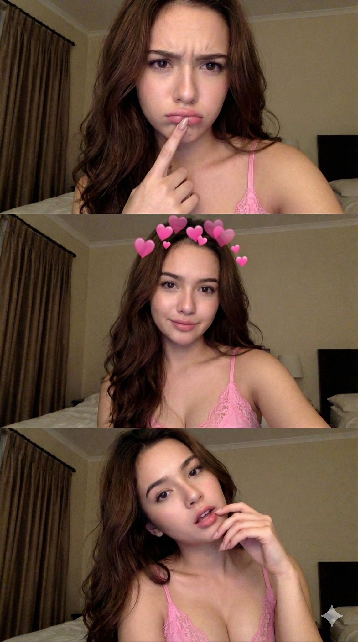 A tall vertical three-panel collage of close-up candid selfies featuring a young woman in warm, dim indoor lighting with an early 2010s flash-phone aesthetic. Includes distinct expressions and poses across the top, middle, and bottom panels with a pink heart crown filter in the middle panel.